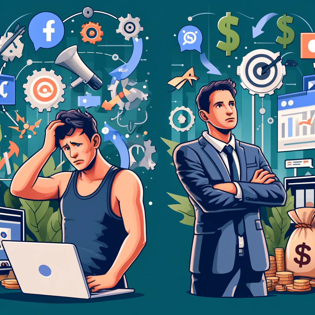 Illustration of a frustrated beginner struggling with complex affiliate marketing tools like paid ads and funnels, while a successful marketer confidently builds an audience on Facebook and generates sales organically.
